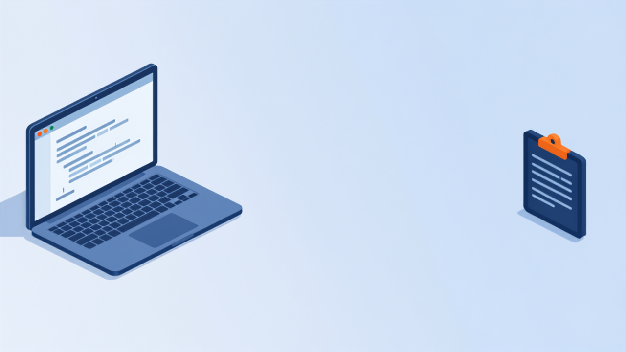 ノートパソコンのコード画面とクリップボードを並べたアイソメトリックイラスト