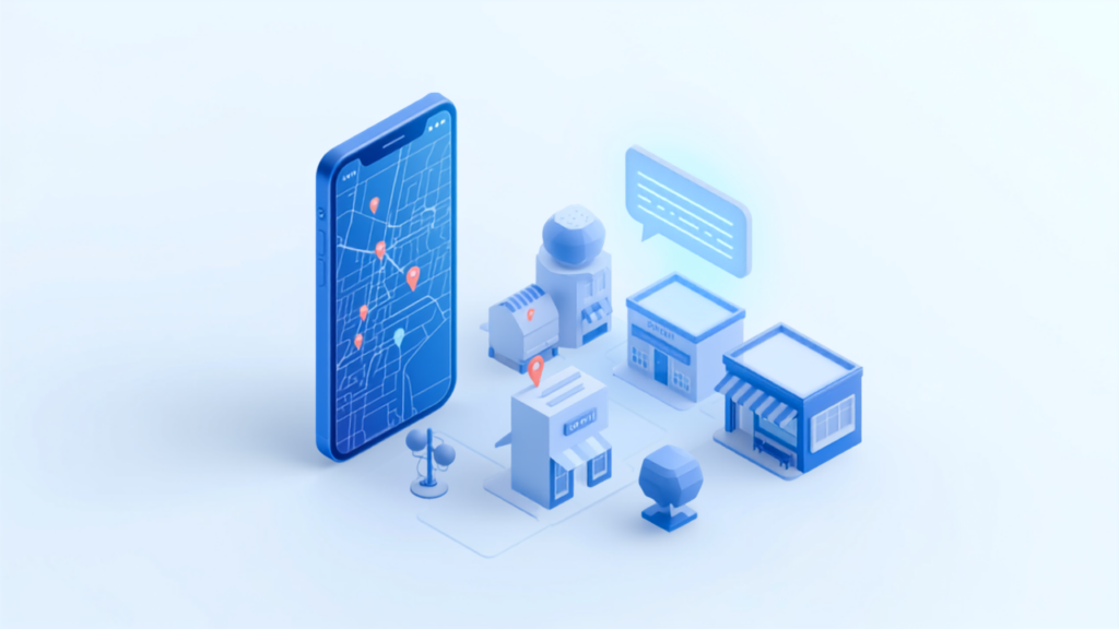 Googleマップに相談のイメージ。スマートフォンの地図と店舗、AIの吹き出しを表したアイソメトリックイラスト