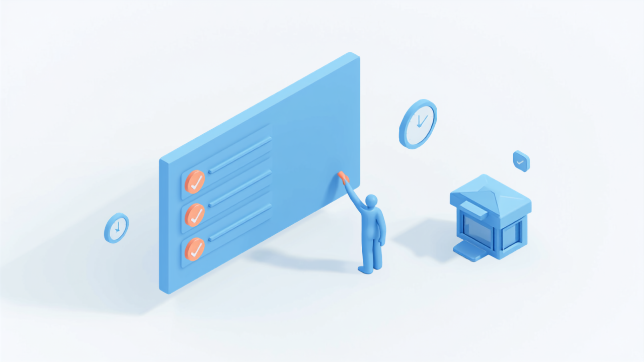 Googleビジネスプロフィールの項目をチェックしていく様子を表したアイソメトリックイラスト