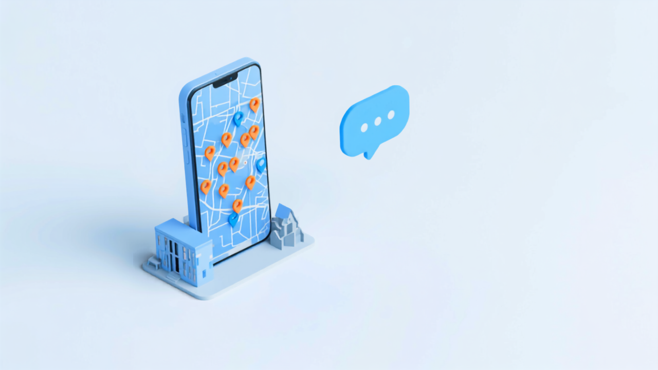 スマートフォンの地図アプリとAIの吹き出しを表したアイソメトリックイラスト