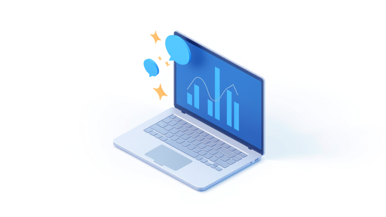 ノートパソコンに表示された順位とアクセスのグラフのアイソメトリックイラスト