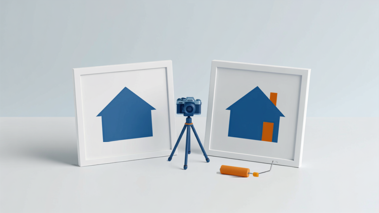 住宅のビフォーアフターの写真をカメラと並べたアイソメトリックイラスト
