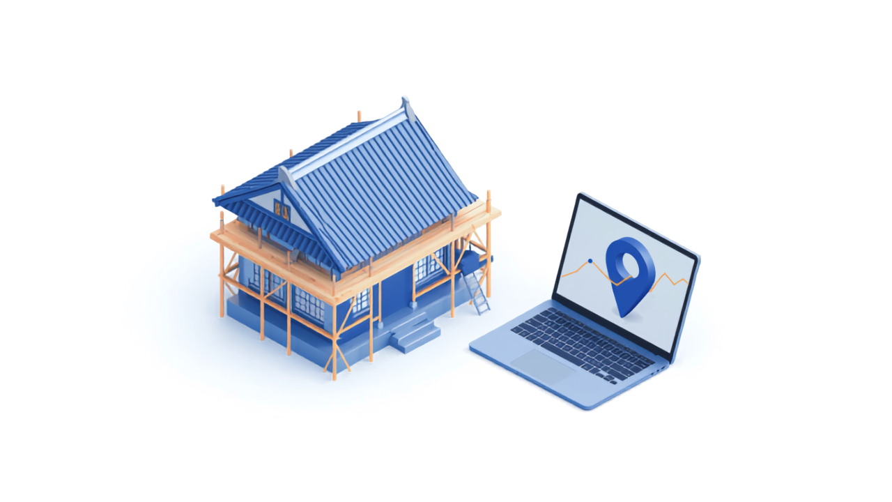 足場のかかった木造住宅とノートパソコンの地図ピンを描いたアイソメトリックイラスト