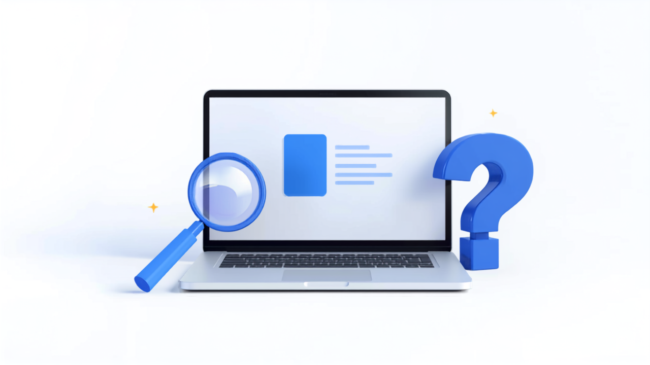 検索結果に自社のページが見つからず虫めがねで探している様子のイラスト