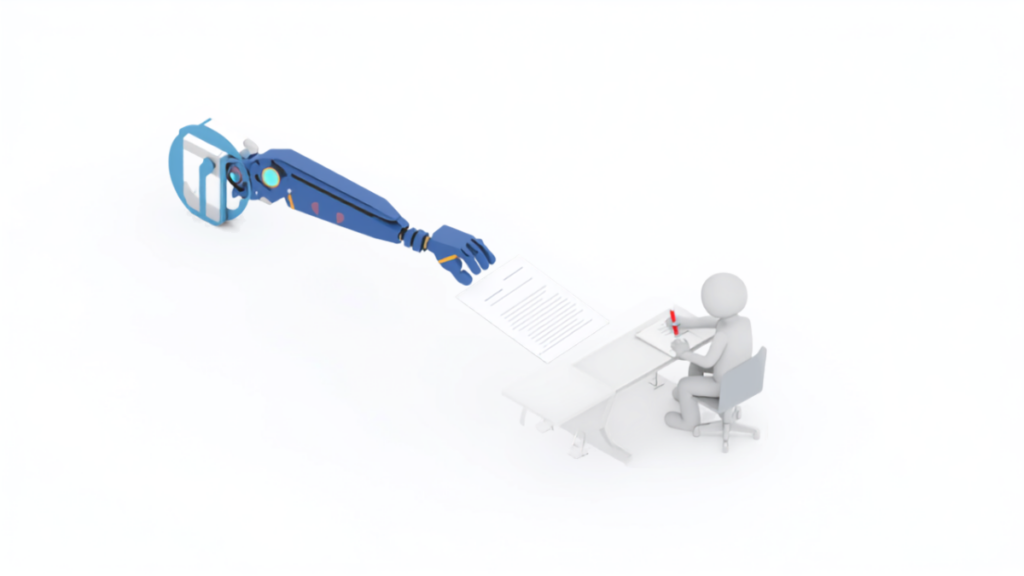 ロボットアームが書いた原稿を人が赤ペンで手直ししているアイソメトリックイラスト