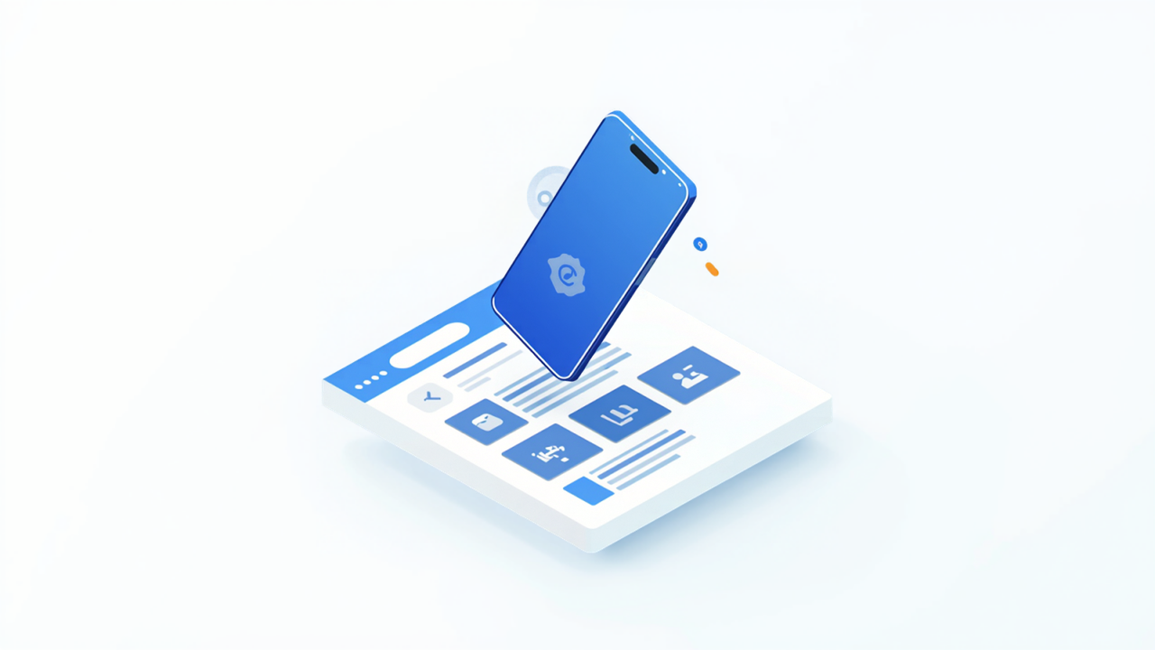 サーチコンソールとスマートフォンでマルチモーダル検索を表すアイソメトリックイラスト