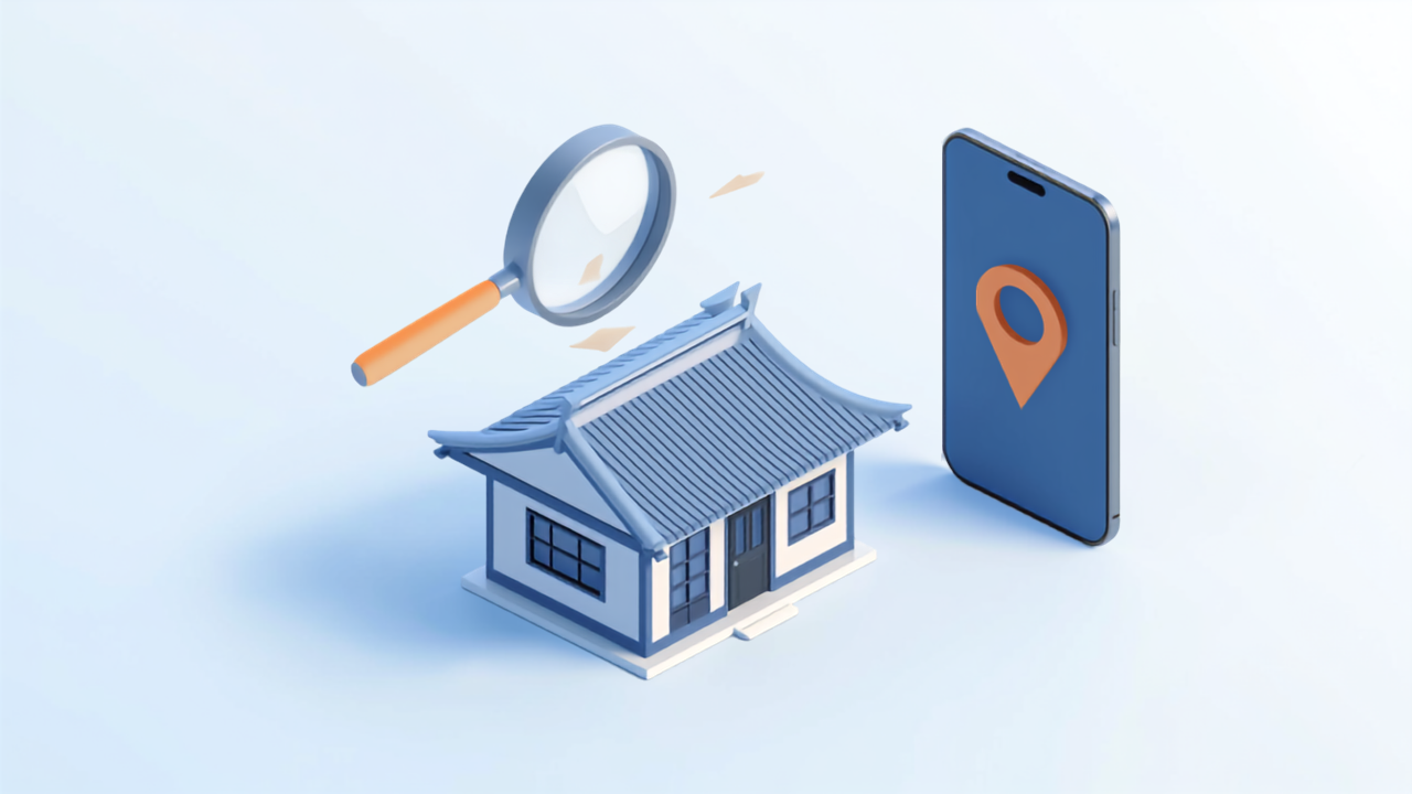 接骨院の建物と虫めがね、地図ピンを表示したスマートフォンを描いたアイソメトリックのイラスト
