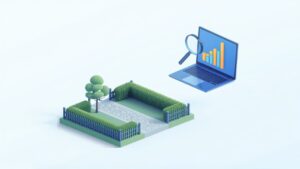 外構・造園会社のホームページ集客をイメージした、庭のある住宅と検索データのイラスト
