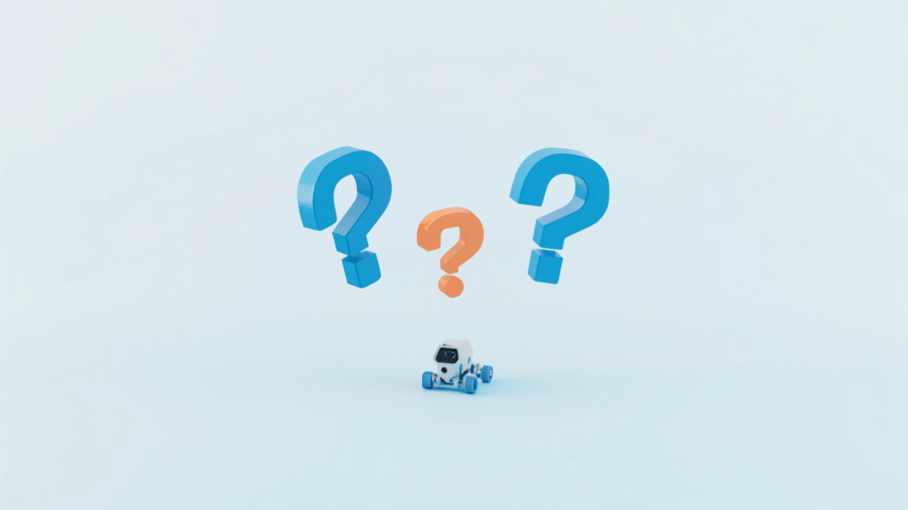 3つのはてなマークと小さなロボットを描いたアイソメトリックイラスト