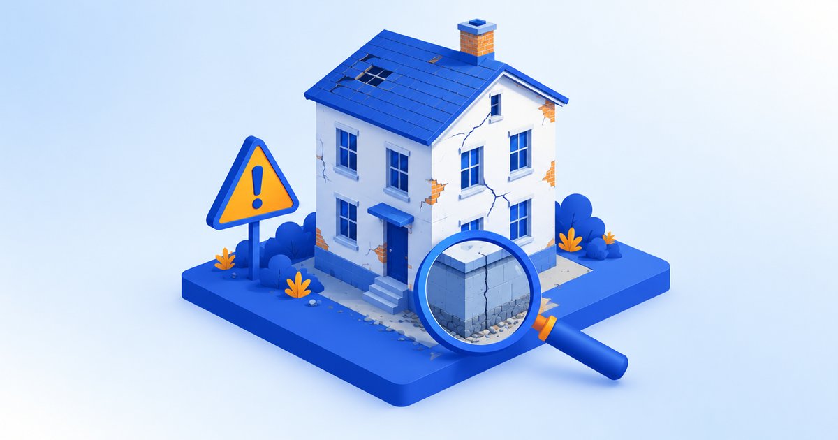 古い建物を虫眼鏡で点検し、中古ドメインの注意点を表すイメージ
