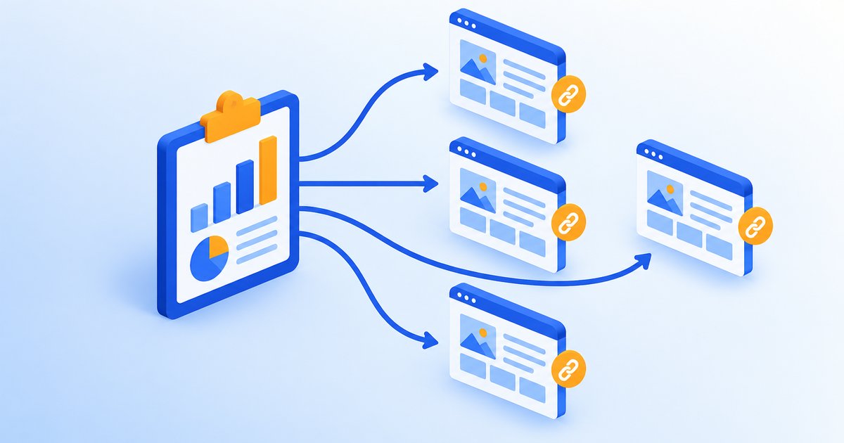 独自調査の結果が複数のWebページから引用されてリンクになるイメージ
