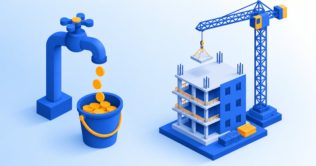 広告は買う、SEOは育てるという仕組みの違いを表した蛇口と建設中のビルのイメージ