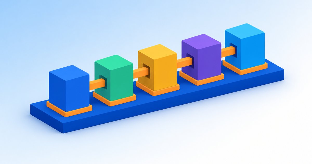 5つのブロックが一列につながり、レポートの骨組みを作るイメージ