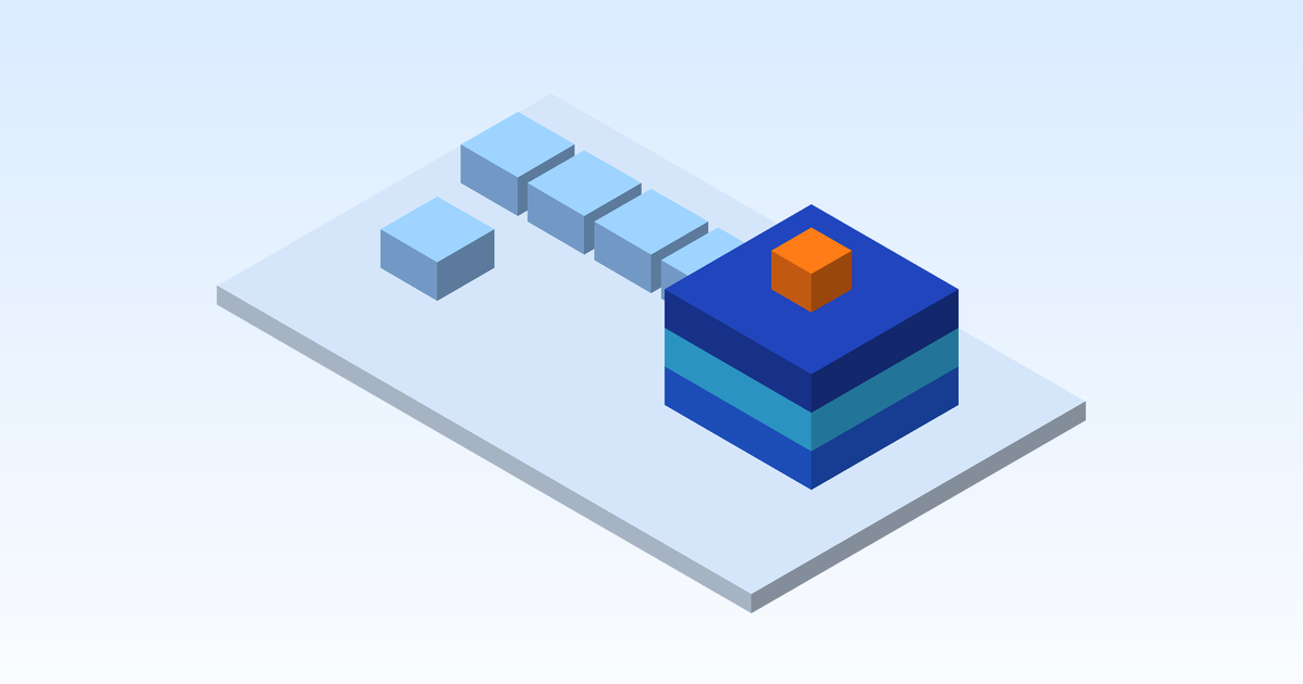 小さな週のブロックと大きな積み上げブロックが並ぶ、月次・四半期の点検を表すアイソメトリックイラスト