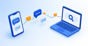 スマートフォンとノートPCが点線でつながり、SNSと検索の関係を表すイメージ