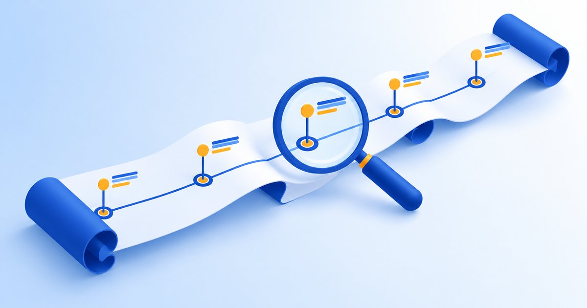 年表の巻物を虫眼鏡で調べ、Googleの過去の発言を確認するイメージ