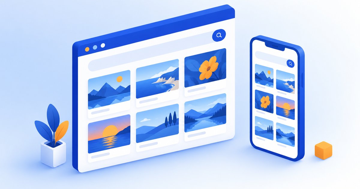 ブラウザの検索結果とスマートフォンに写真カードが並び、SNS投稿が検索に出るイメージ